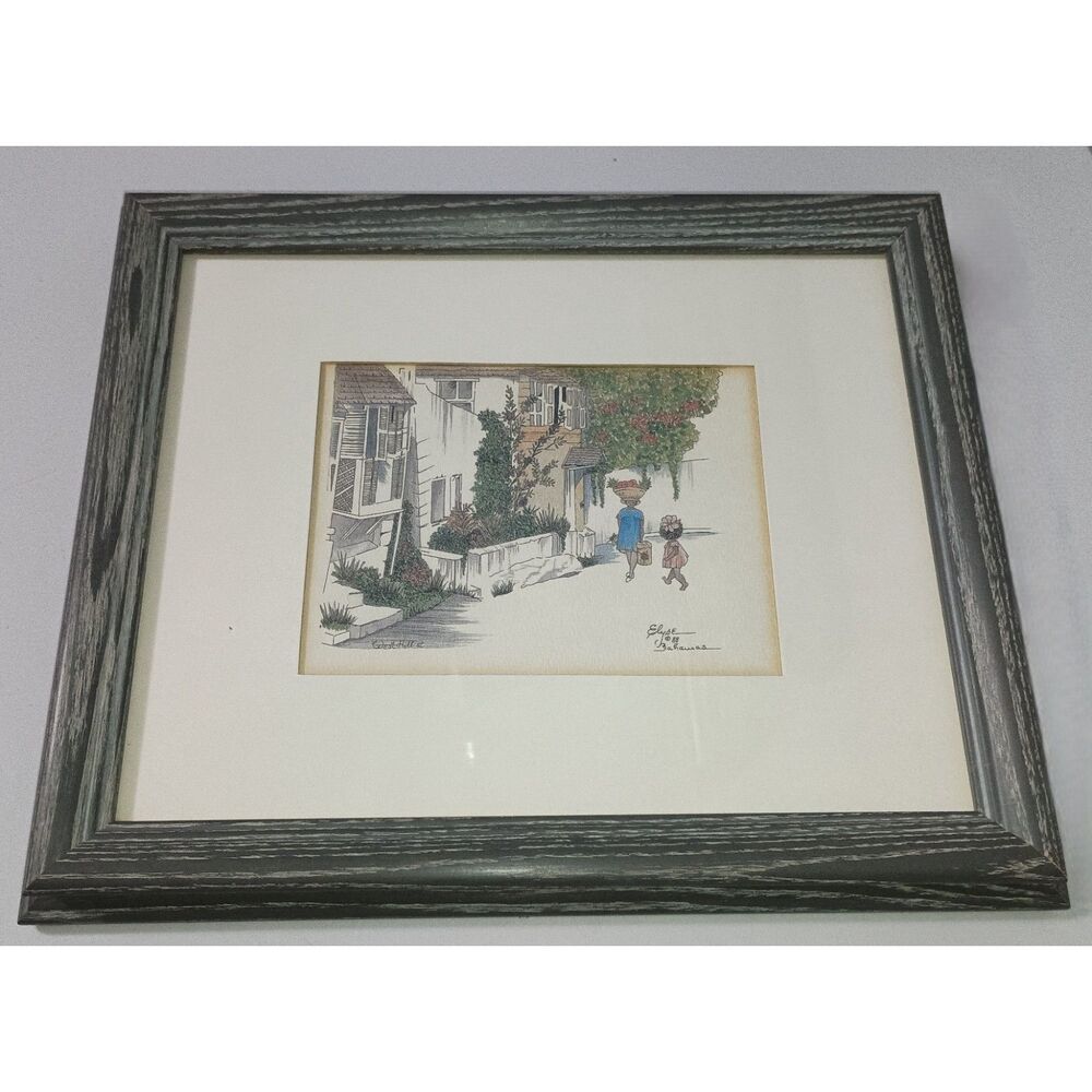 Vintage - Signed by Elyse 1988 and Framed Art Print- Bahamas West Hill St. Scene